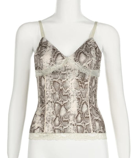 Effortless Chic: Snake Print V-Neck Lace Trim Cami Top - Fall Style Essential