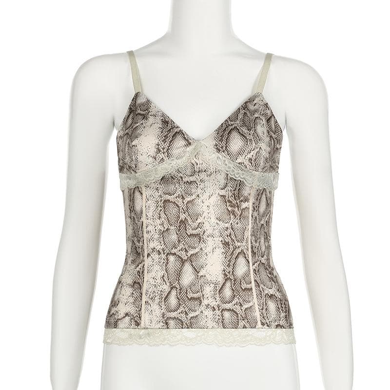 Effortless Chic: Snake Print V-Neck Lace Trim Cami Top - Fall Style Essential