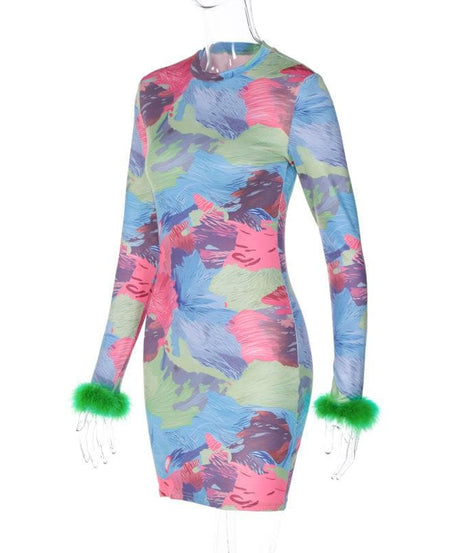 Show-Stopping Feather-Cuff Mini Dress | Vibrant Abstract Print Bodycon for Fall Parties & Holiday Fun