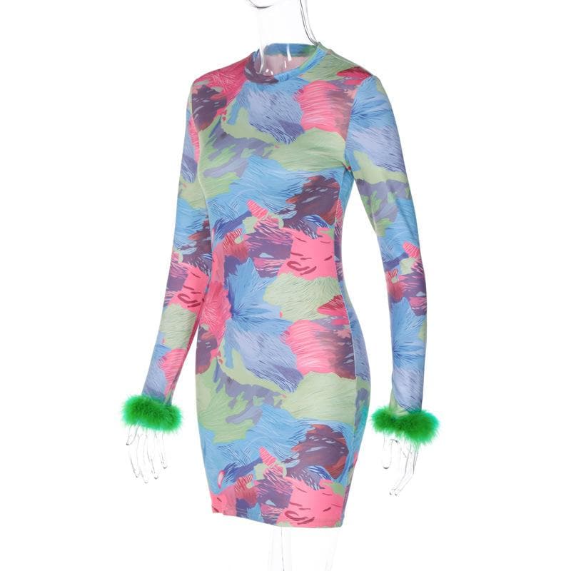 Show-Stopping Feather-Cuff Mini Dress | Vibrant Abstract Print Bodycon for Fall Parties & Holiday Fun