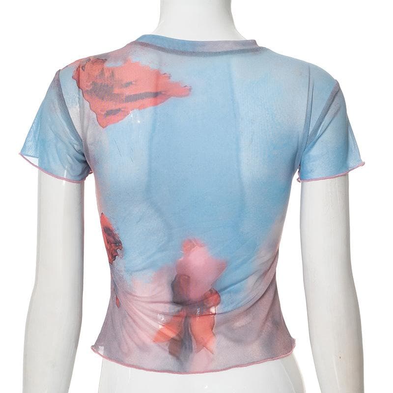 Whimsical Bunny & Pink Bow Mesh Top - Trendy Y2K Fall Style