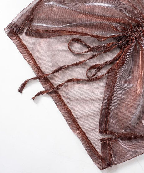 Fall Glam: Shimmer Mesh Ruched V-Neck Top - Long Sleeve Drawstring Party Ready