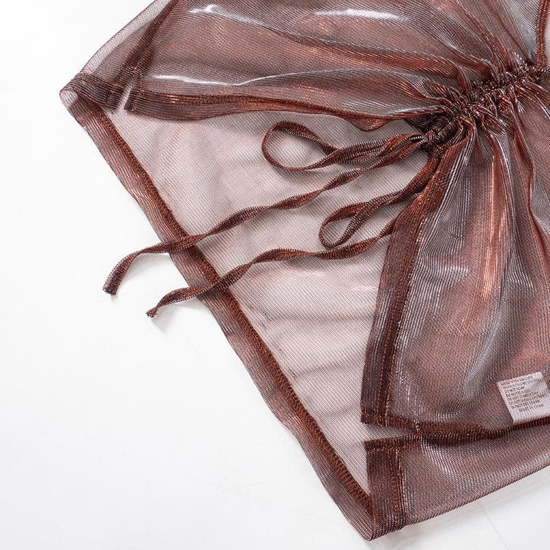 Fall Glam: Shimmer Mesh Ruched V-Neck Top - Long Sleeve Drawstring Party Ready