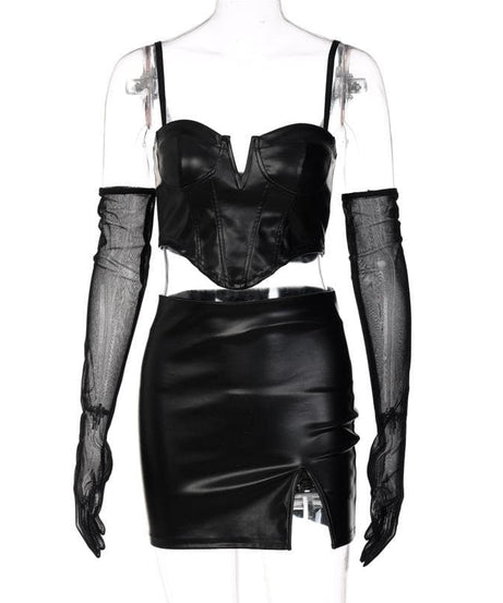Slay the Night: Faux Leather Corset & Slit Mini Skirt Set with Sheer Mesh Gloves – Halloween & Fall Party Ready