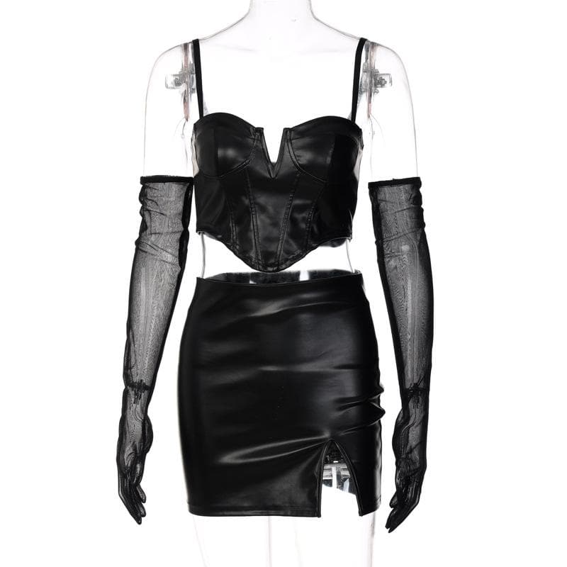 Slay the Night: Faux Leather Corset & Slit Mini Skirt Set with Sheer Mesh Gloves – Halloween & Fall Party Ready
