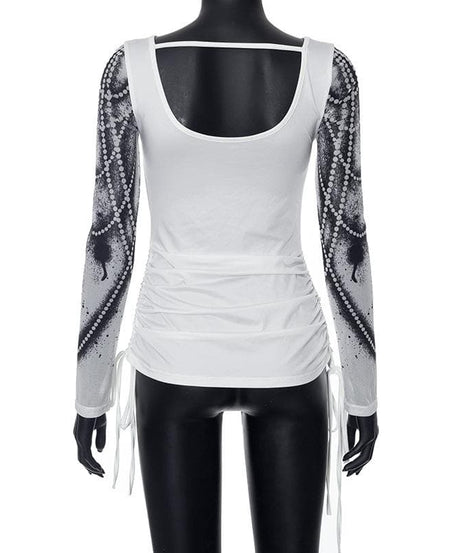 Dazzling Pearl Illusion Mesh Long Sleeve Top - Chic Drawstring Style for Fall & Holiday