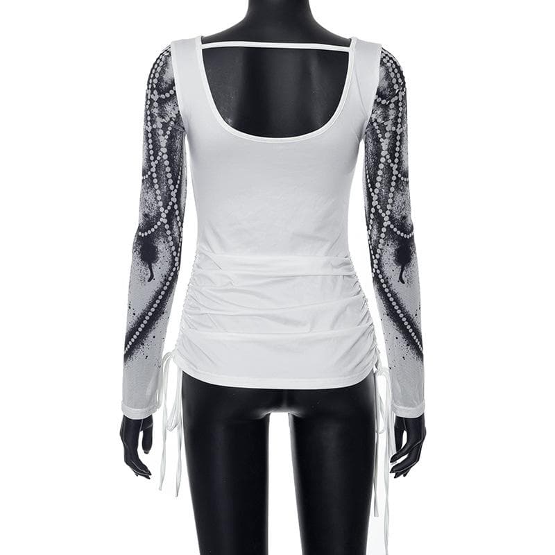 Dazzling Pearl Illusion Mesh Long Sleeve Top - Chic Drawstring Style for Fall & Holiday
