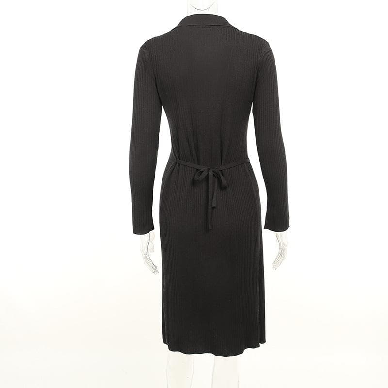 Elevated Fall Style: Ribbed Knit Wrap Midi Dress - Long Sleeve V-Neck Collar & Asymmetrical Hem