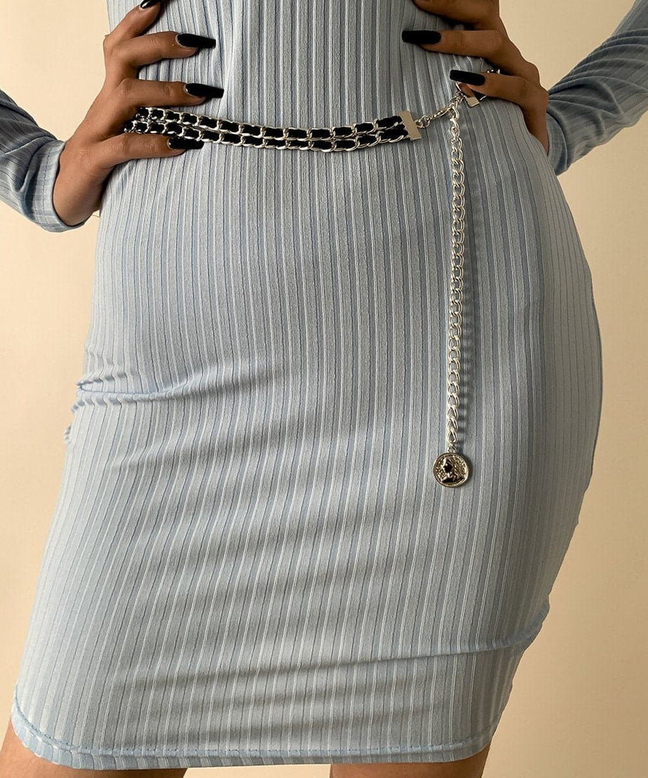 Chic Layered Chain Waist Belt with Black Faux Leather & Coin Charm - Fall Style Essential