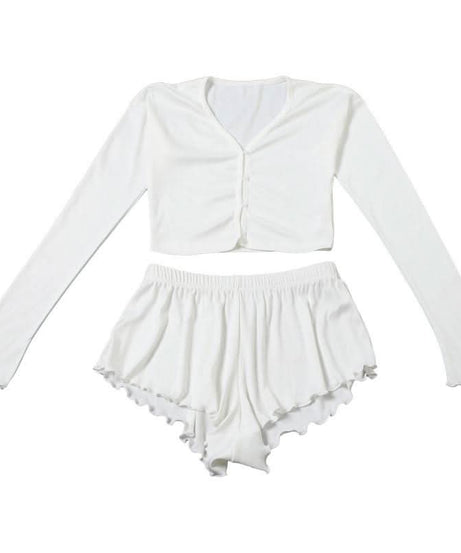 Dreamy Fall Comfort: Women's Long Sleeve Crop Top & Ruffle Shorts Loungewear Set