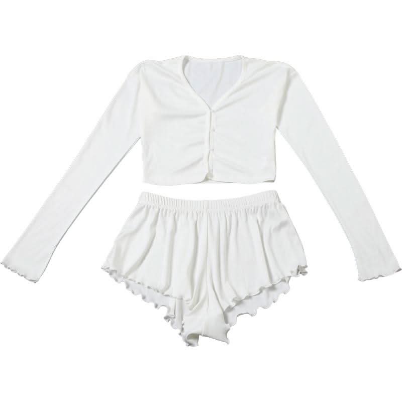Dreamy Fall Comfort: Women's Long Sleeve Crop Top & Ruffle Shorts Loungewear Set