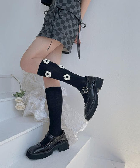 Chic Black Flower Applique Knee High Socks | Cozy Fall & Halloween Style