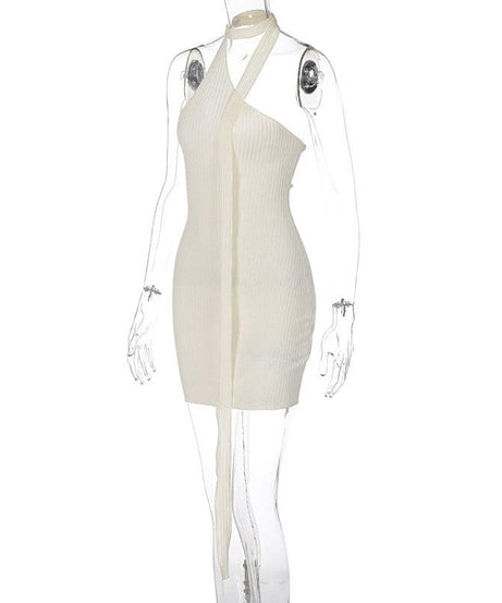 Chic Asymmetrical Ribbed Mini Dress - One-Shoulder Halter for Fall Parties & Holiday Nights