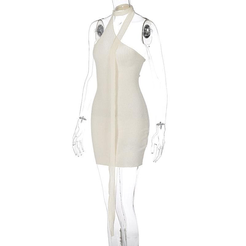 Chic Asymmetrical Ribbed Mini Dress - One-Shoulder Halter for Fall Parties & Holiday Nights