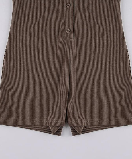 Chic Fall Essential: Women's Ribbed Polo Button Romper - Cozy Espresso Brown One-Piece