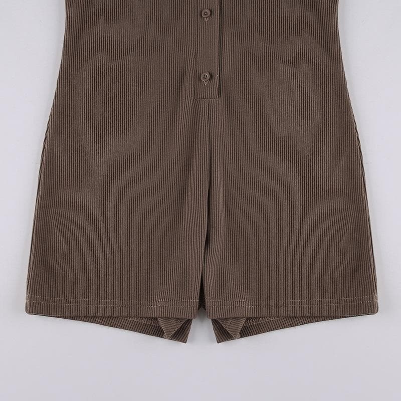 Chic Fall Essential: Women's Ribbed Polo Button Romper - Cozy Espresso Brown One-Piece