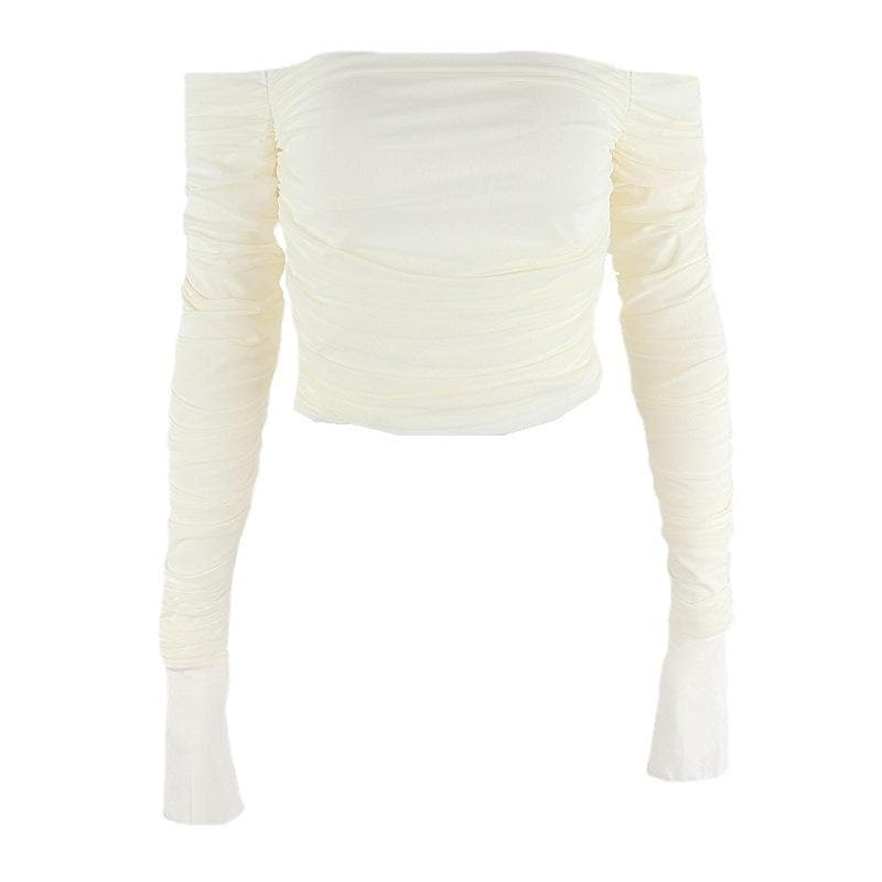 Chic Fall Nights: Black Off-Shoulder Ruched Crop Top with Slit Sleeves