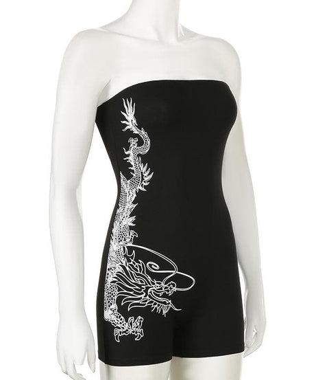 Slay the Scene: Edgy Dragon Print Strapless Romper - Your Ultimate Fall & Halloween Party Statement