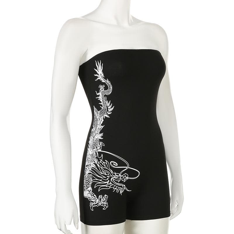 Slay the Scene: Edgy Dragon Print Strapless Romper - Your Ultimate Fall & Halloween Party Statement