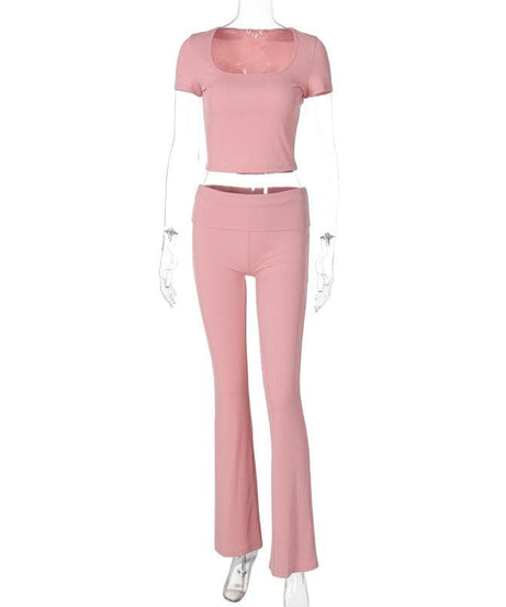 Blush Pink U-Neck Crop Top & Flared Pants Set: Cozy Chic for Fall Comfort & Athleisure
