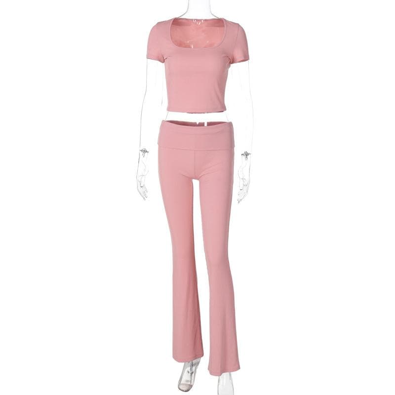Blush Pink U-Neck Crop Top & Flared Pants Set: Cozy Chic for Fall Comfort & Athleisure