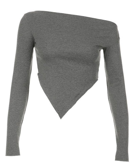 Fall's Must-Have: Ribbed Knit Off-Shoulder Long Sleeve Top with Asymmetrical V-Hem
