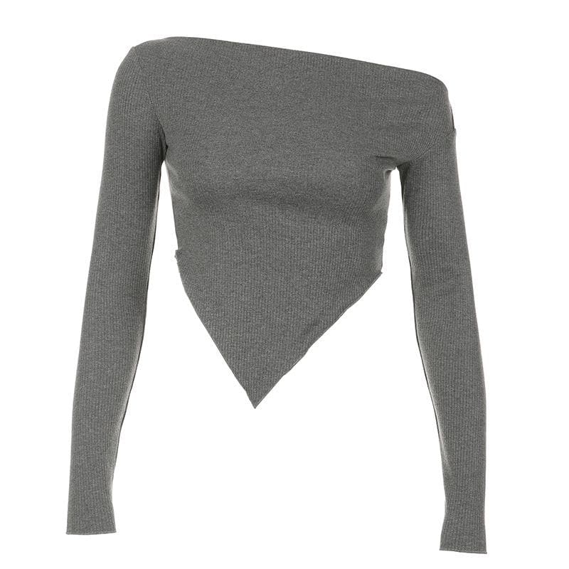 Fall's Must-Have: Ribbed Knit Off-Shoulder Long Sleeve Top with Asymmetrical V-Hem