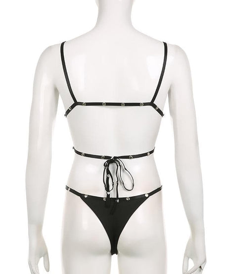 Rebel Chic Studded Strap Bralette & Thong Set - Edgy Fall Fashion & Halloween Ready