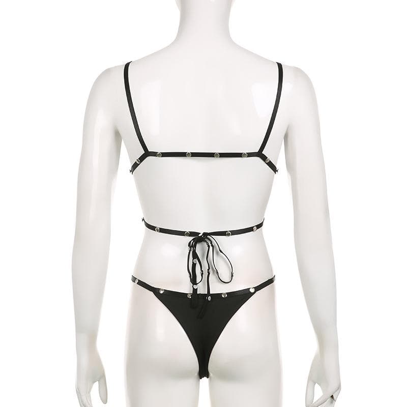 Rebel Chic Studded Strap Bralette & Thong Set - Edgy Fall Fashion & Halloween Ready