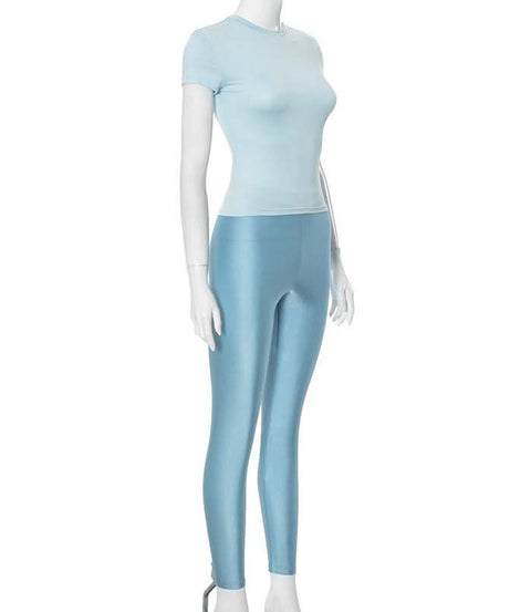 Effortless Fall Chic: Sky Blue Shimmer High-Rise Legging & Short Sleeve Top Athleisure Set