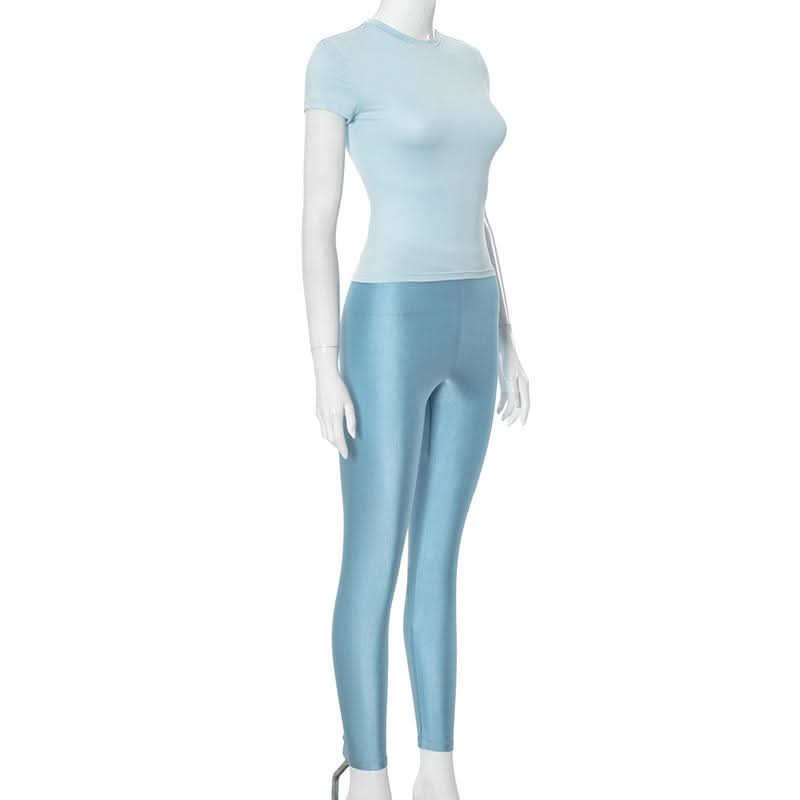 Effortless Fall Chic: Sky Blue Shimmer High-Rise Legging & Short Sleeve Top Athleisure Set