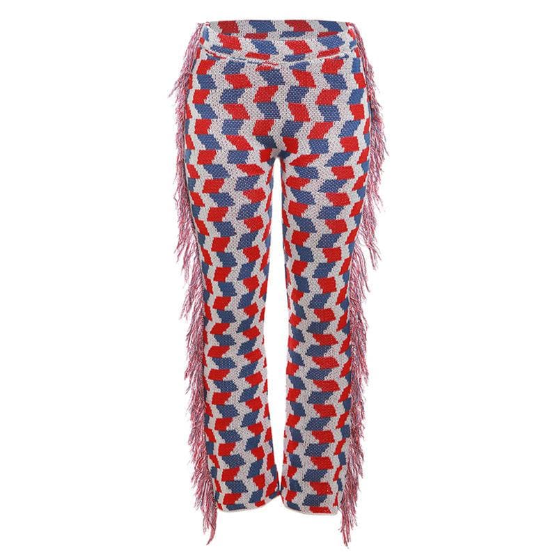 Vibrant Geo-Knit Fringe Flare Pants – Your Ultimate Fall Statement