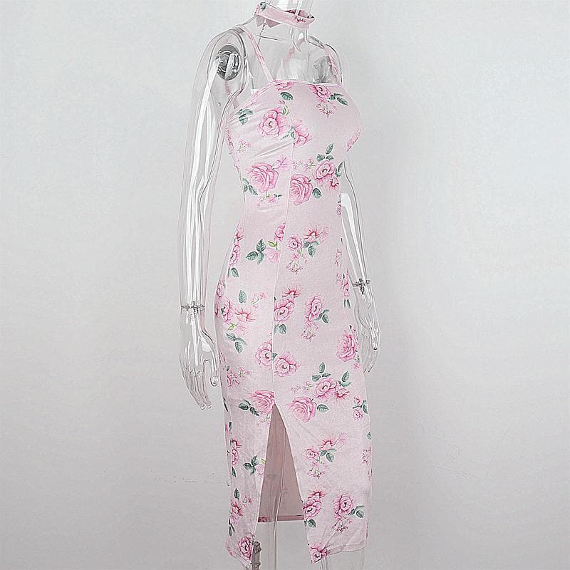 Enchanting Rose Floral Velvet-Touch Midi Dress with Choker & Seductive Slit - Perfect for Fall & Holiday Soirees