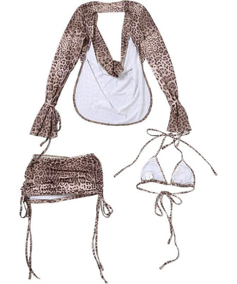 Fierce Leopard Print 3-Piece Cowl Neck Cutout Mini Skirt Set | Adjustable Ruched Fall Party & Club Wear