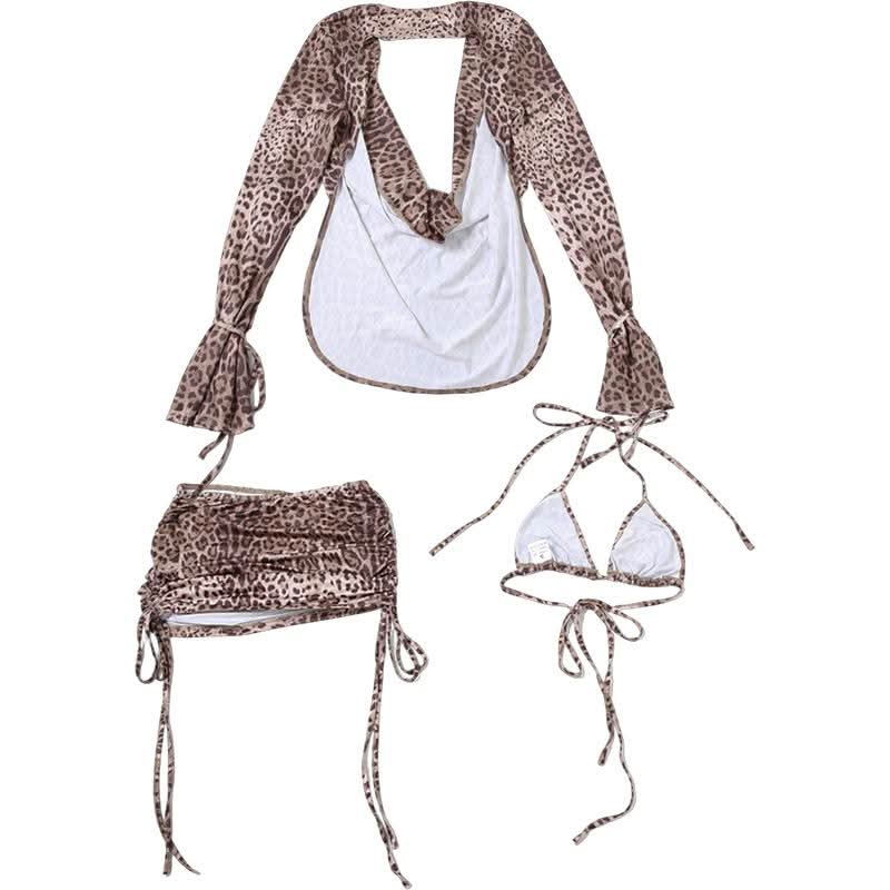 Fierce Leopard Print 3-Piece Cowl Neck Cutout Mini Skirt Set | Adjustable Ruched Fall Party & Club Wear