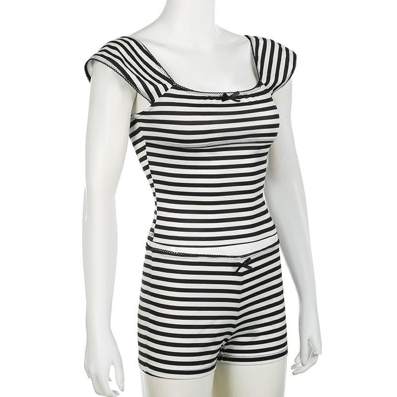 Effortlessly Stylish Striped Pajama & Loungewear Set - Women's Comfy Cap Sleeve Top & Shorts for Cozy Fall Nights