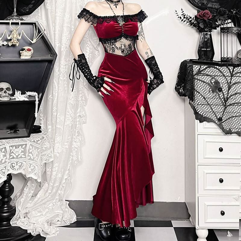 Sultry Red Velvet Off-Shoulder Lace Maxi Gown | High Slit Evening & Holiday Party Dress