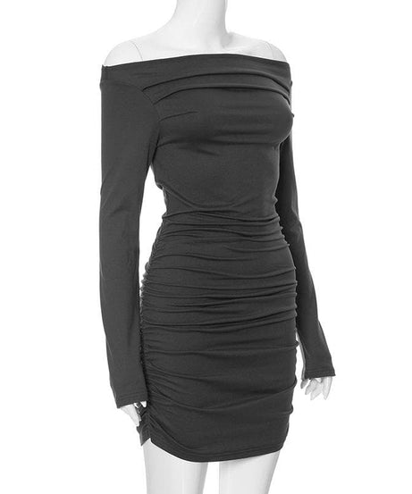 Fall Party Ready: Ruched Off-Shoulder Long Sleeve Bodycon Mini Dress - Charcoal Chic