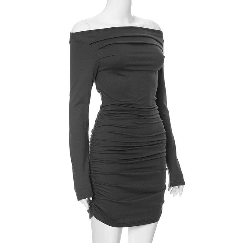 Fall Party Ready: Ruched Off-Shoulder Long Sleeve Bodycon Mini Dress - Charcoal Chic