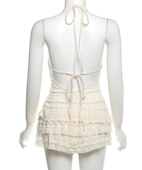 Chic Ruffled Halter Swim Romper - Cream Lace One-Piece Skirted Swimsuit for Tropical Getaways & Resort Wear