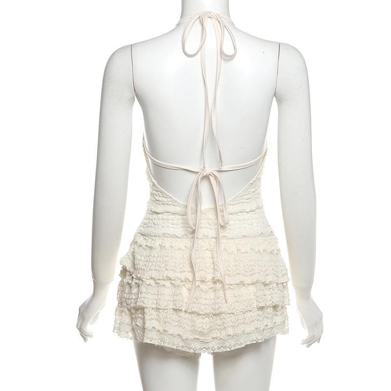 Chic Ruffled Halter Swim Romper - Cream Lace One-Piece Skirted Swimsuit for Tropical Getaways & Resort Wear