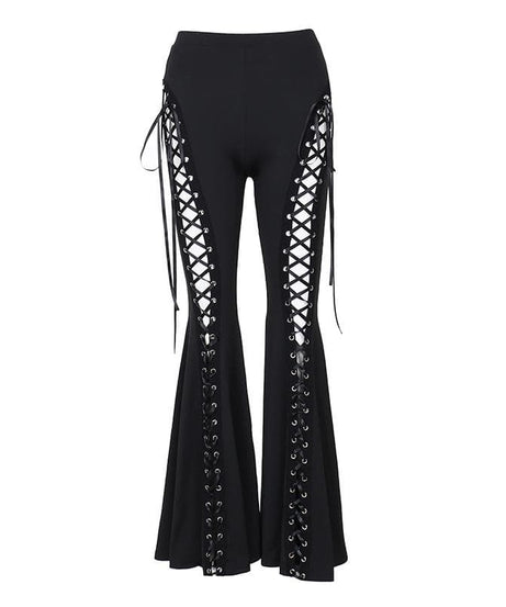 Witchy & Wild: High-Waist Lace-Up Flared Pants - Edgy Bell Bottoms for Fall & Halloween