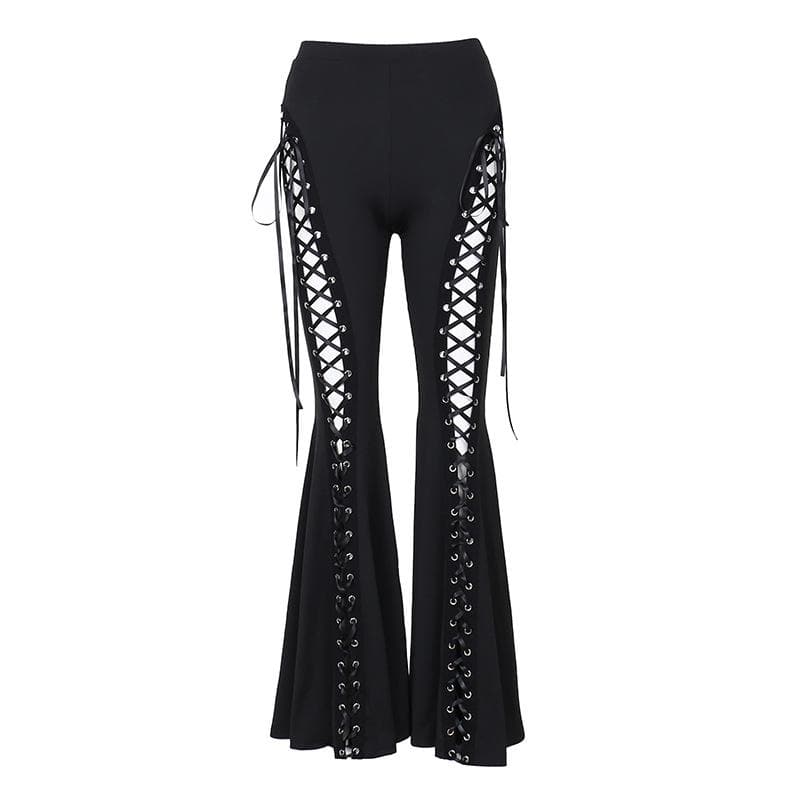Witchy & Wild: High-Waist Lace-Up Flared Pants - Edgy Bell Bottoms for Fall & Halloween