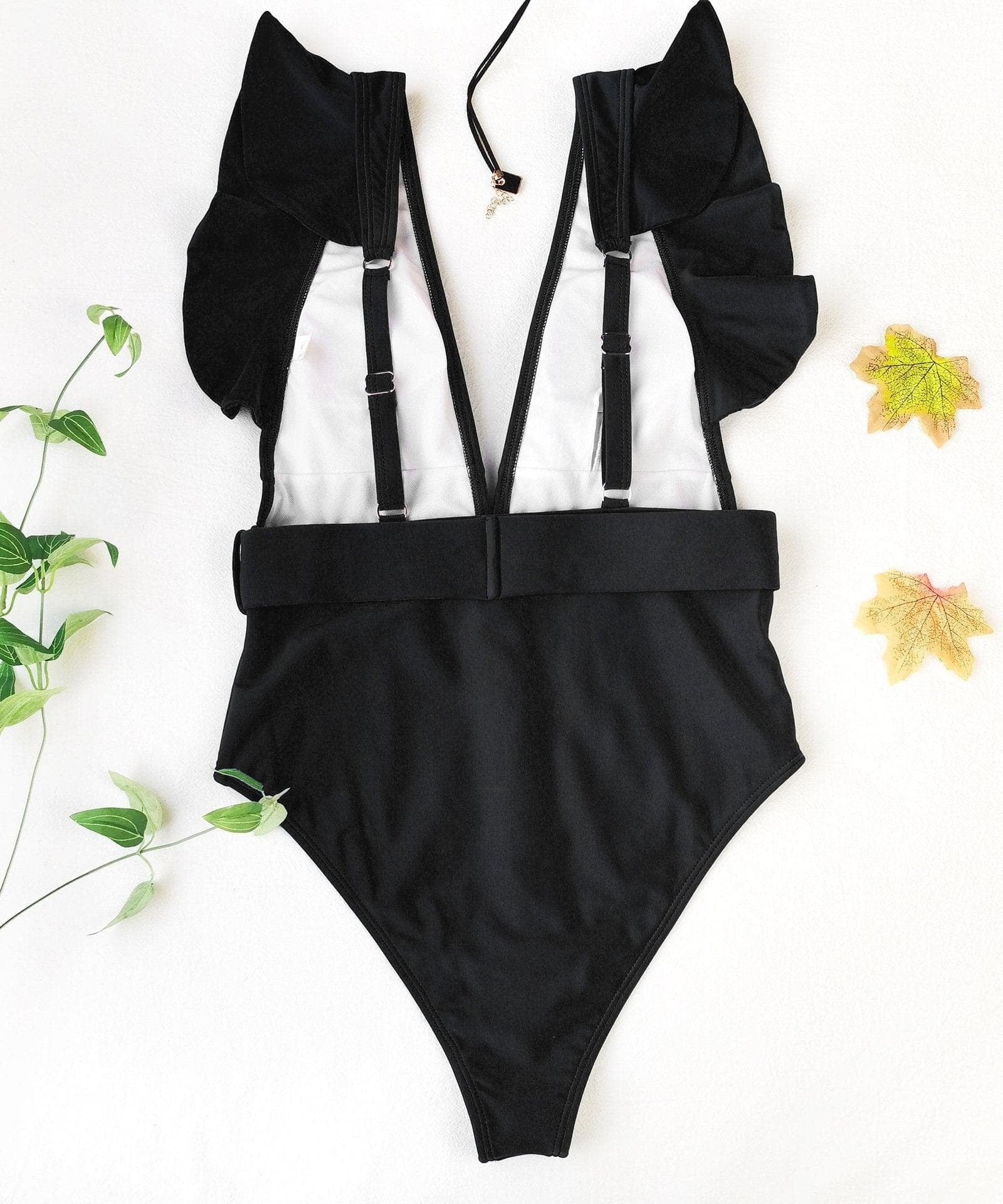 Chic White Ruffle V-Neck One-Piece Swimsuit with Tortoiseshell Buckle | Your Resort & Winter Vacation Essential