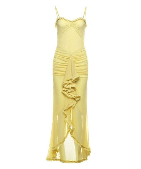Sun-Kissed Radiance: Yellow Ruffle Mesh Backless Maxi Dress - Your Vacation & Event Essential
