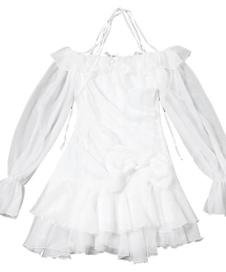 Enchanted Aura White Off-Shoulder Halter Mini Dress | Ruffle Chiffon Bow for Fall Parties & Chic Halloween