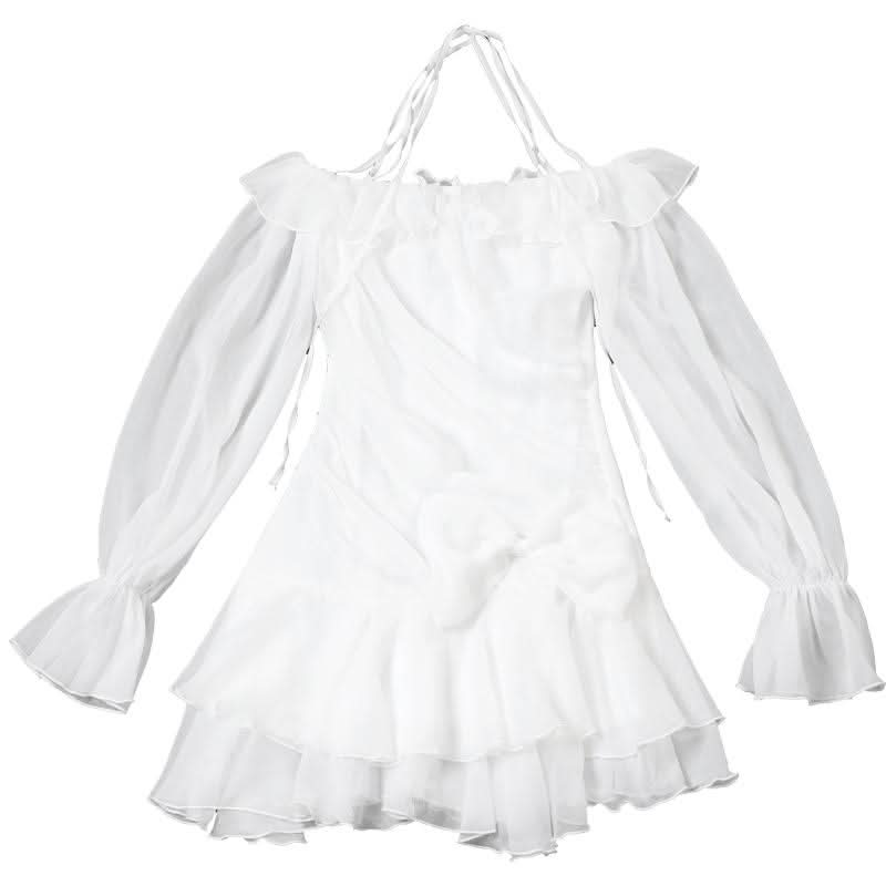 Enchanted Aura White Off-Shoulder Halter Mini Dress | Ruffle Chiffon Bow for Fall Parties & Chic Halloween