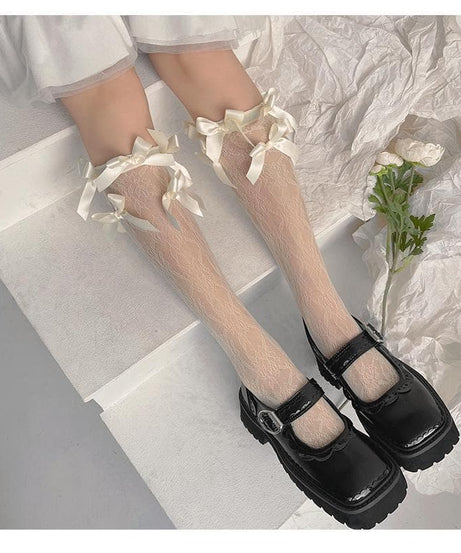 Romantic Lace Bow-Accent Sheer Knee-High Socks for Fall & Holiday Styling