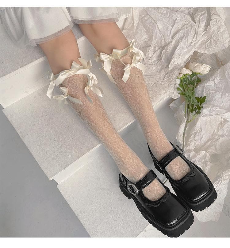 Romantic Lace Bow-Accent Sheer Knee-High Socks for Fall & Holiday Styling