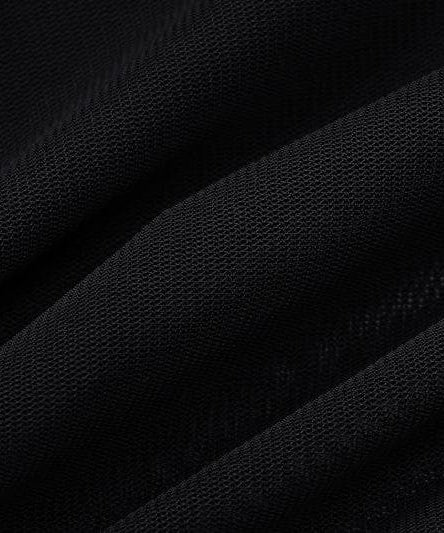 Sleek Black Mesh Panel Mock Neck Bodysuit - Edgy Long Sleeve Top for Fall & Halloween